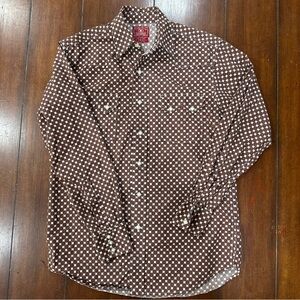Lucky Brand Dungarees Men’s XS Brown White Polka Dot Western Snap Shirt